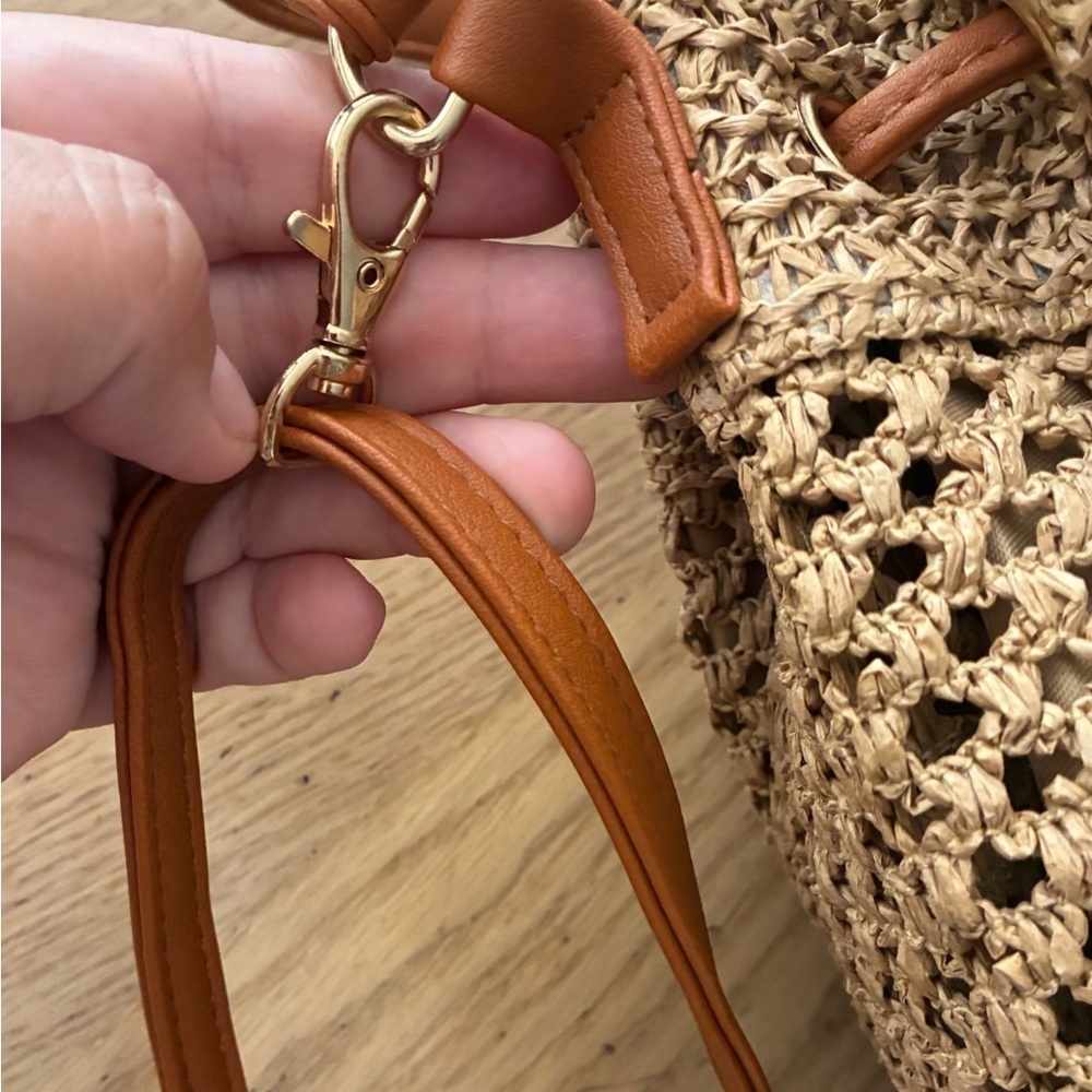 Tan Woven Straw Hollow Bucket Crossbody Bag Handbag Tan - Picture 7 of 12